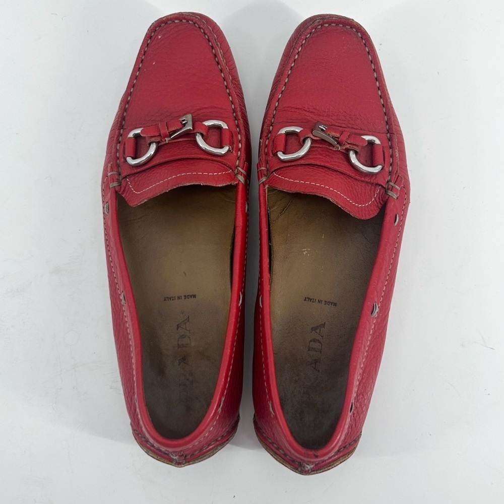 Prada Vintage Red Leather Horsebit Slip On Loafers Size 36 - Picture 5 of 7